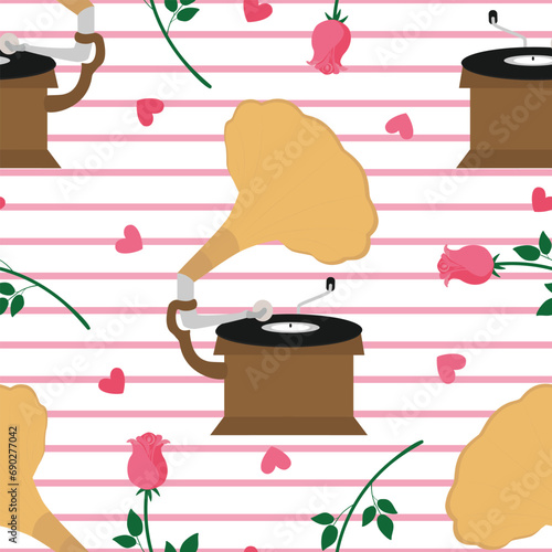 Valentines day seamless pattern with gramophone, roses and hearts. St Valentines background with vintage phonograph and roses