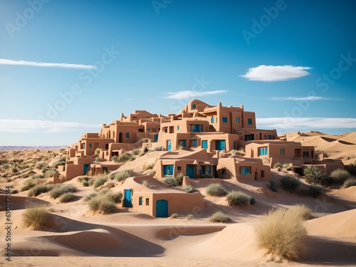 a desert neighborhood with houses made entirely of sand