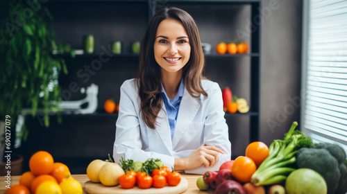 Friendly woman nutritionist sitting at workplace, waiting for patients in office, copy space for text.