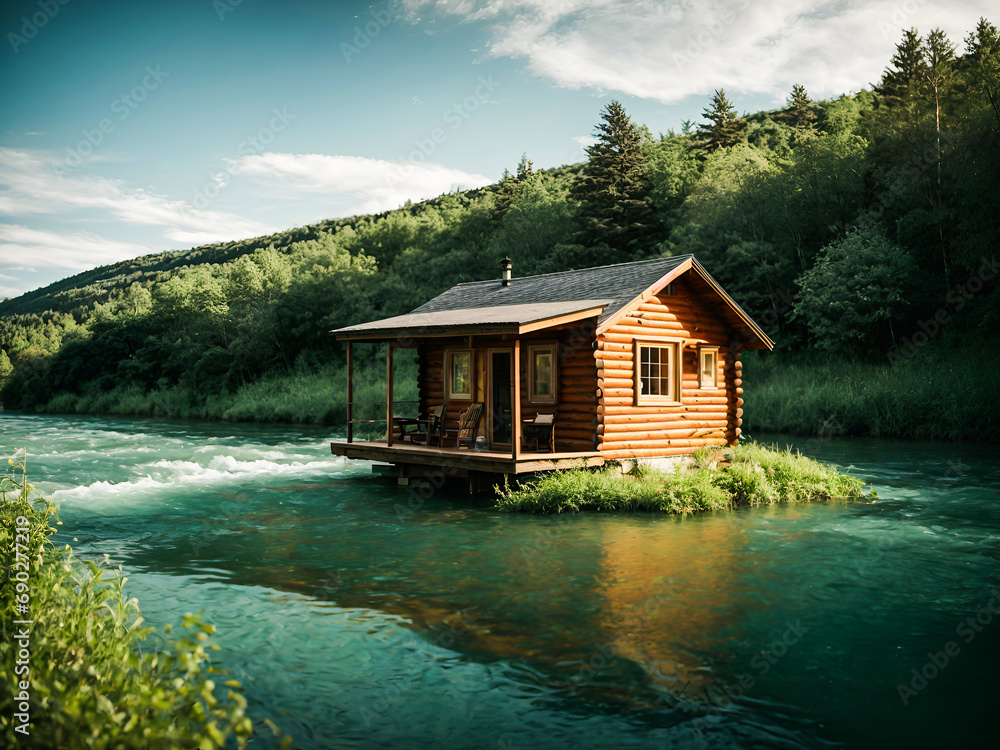 a small wooden cabin situated on a flowing river a small wooden cabin situated on a flowing river