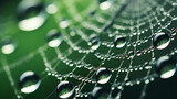 Water droplets on a vibrant green surface, The intricate patterns of a spider's web, covered in dewdrops, glistening like diamonds., Shiny transparent drops of morning dew roll down, Photo of water


