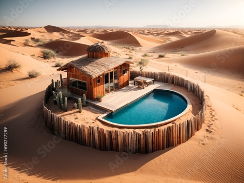 a small wooden cabin in a beautiful desert