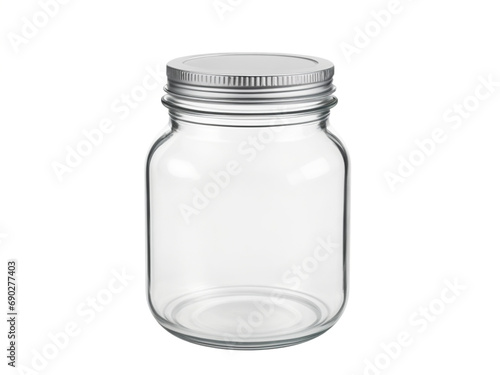 Empty mason jar with silver lid isolated on white, Clear glass jar with a metal lid on a white background, minimalistic and versatile ai image 