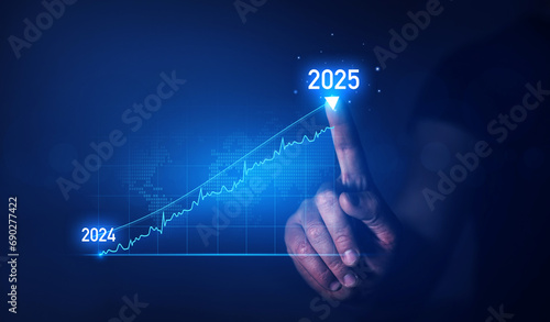 Businessman holding growth graph a year 2025 of business and data analysis. Development to success in year 2025. 