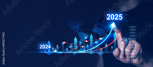 Businessman draws increase arrow graph corporate future growth year 2024 to 2025. Planning,opportunity, challenge and business strategy. New Goals, Plans and Visions for Next Year 2025.