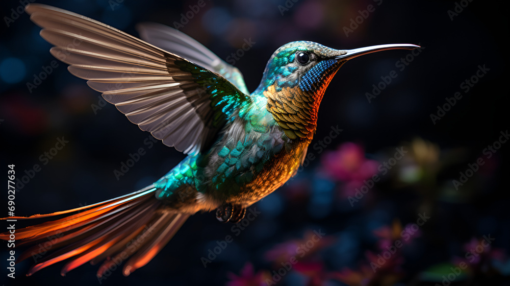 Koliber zbierający pyłek z kwiatów., Hovering hummingbird spreads iridescent wings in vibrant tropical motion generated by AI, Golden-tailed sapphire hummingbird, Hummingbird (archilochus colubris) 

 - obrazy, fototapety, plakaty 
