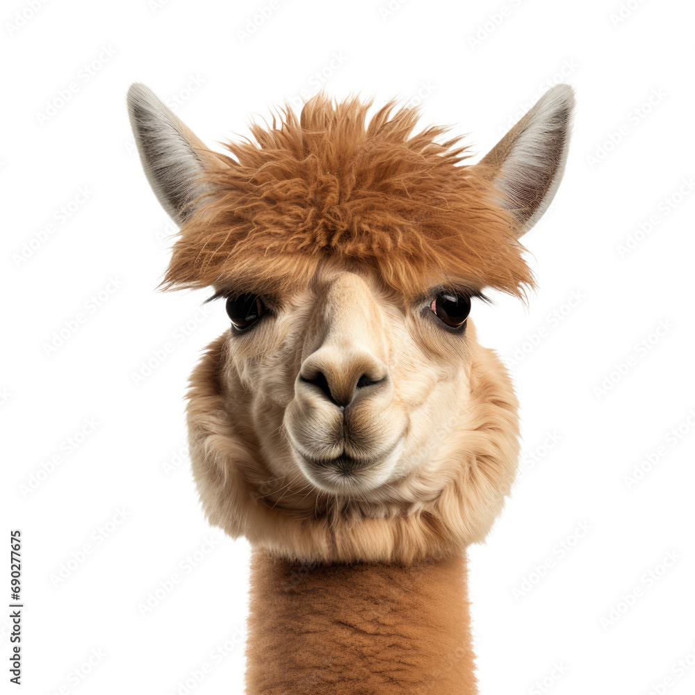 Alpaca face shot isolated on white or transparent background