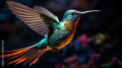 Koliber zbierający pyłek z kwiatów., Hovering hummingbird spreads iridescent wings in vibrant tropical motion generated by AI, Golden-tailed sapphire hummingbird, Hummingbird (archilochus colubris) 

 photo