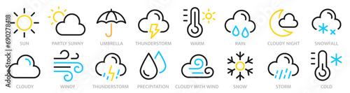 Weather line icon collection. Weather forecast symbol. Weather, cloud, rain, snow, wind, hurricane, sun, moon, thermometer and more - stock vector.