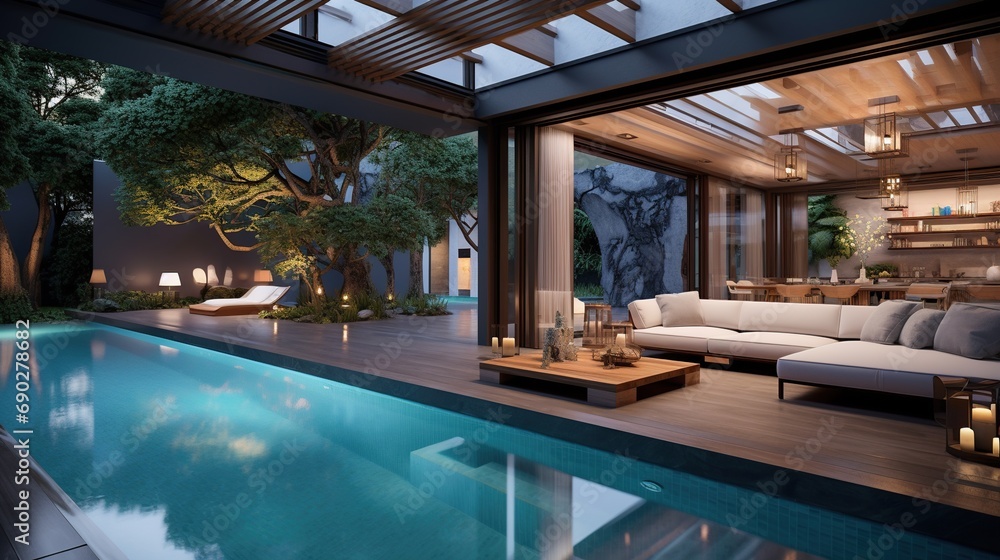 Obraz premium Elegant living space with inviting pool. Luxury home architecture for resident concept. Generative AI
