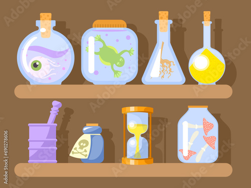 Witch's closet. Flasks with potions and poisons on the shelves of a wizard or sorcerer. Magic items and ingredients for witchcraft. Flat vector illustration.