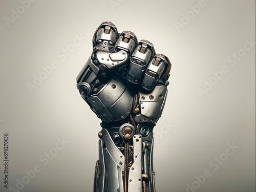 a fist entirely made from iron, set against a neutral background photo