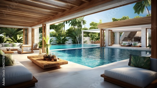 Elegant living space with inviting pool. Luxury home architecture for resident concept. Generative AI © Alpa