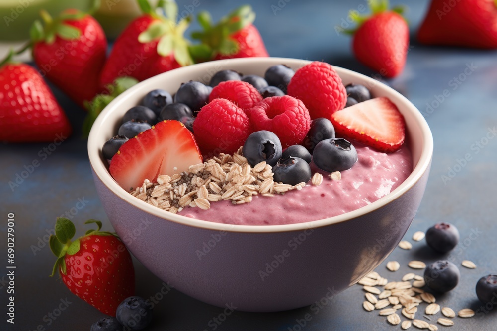 A bowl of smoothie topped with fresh strawberries, raspberries, blueberries, and oatmeal flakes on a blue background A bowl of smoothie topped with fresh strawberries, raspberries, blueberries, and oatmeal flakes on a blue background