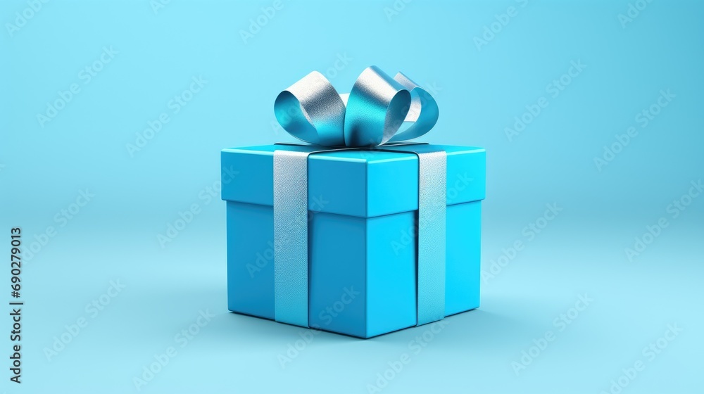 Obraz premium A small luxury gift box with a blue bow. Monochrome side view. A gift for Father's Day or Valentine's Day for him. The concept of a corporate gift or birthday party.