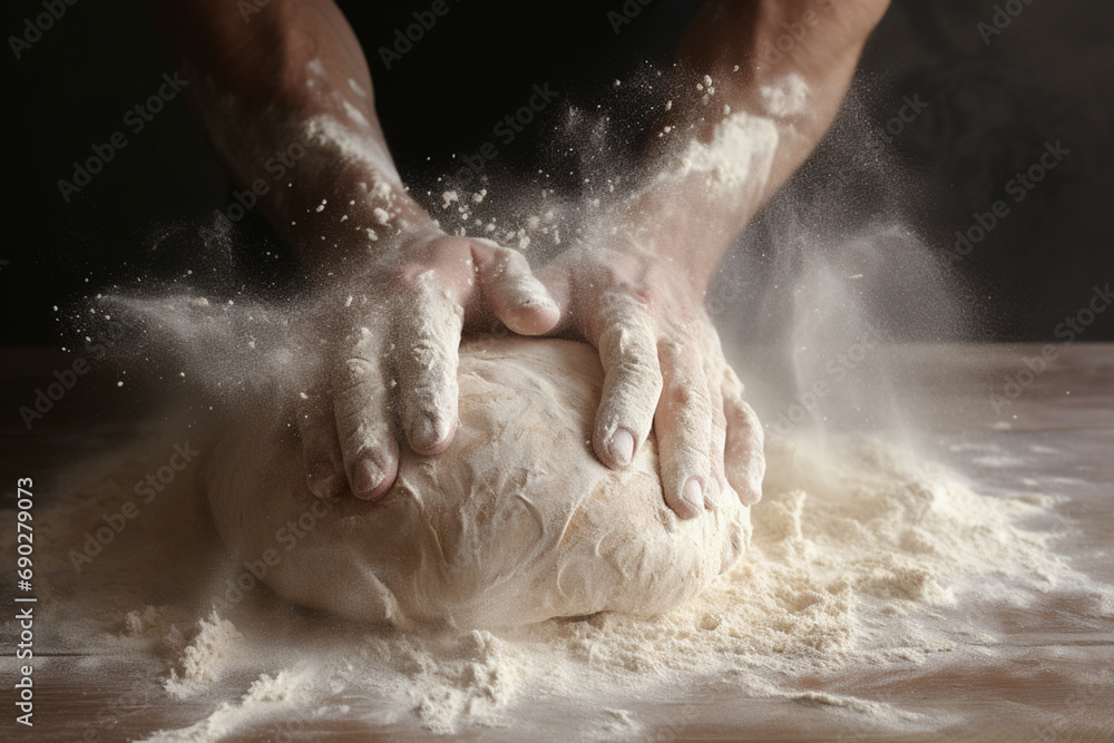Fototapeta premium flour and men hands with flour splash. Cooking bread. Kneading the Dough