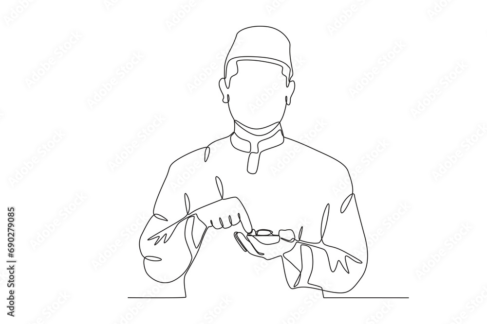 A man eats dates for iftar. Ramadan one-line drawing
