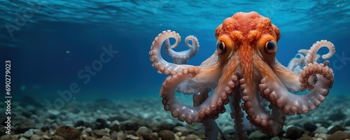 An octopus with outstretched tentacles hovers above a rocky seabed in a clear blue underwater scene photo