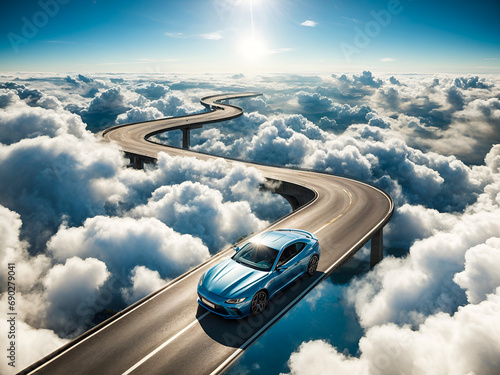A car driving on a winding road between the clouds, indicating the concept of the difficulty of reaching the goal photo