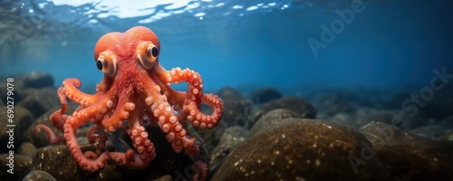 A vibrant red octopus with extended tentacles sits atop sea rocks underwater, with a clear blue ocean background photo