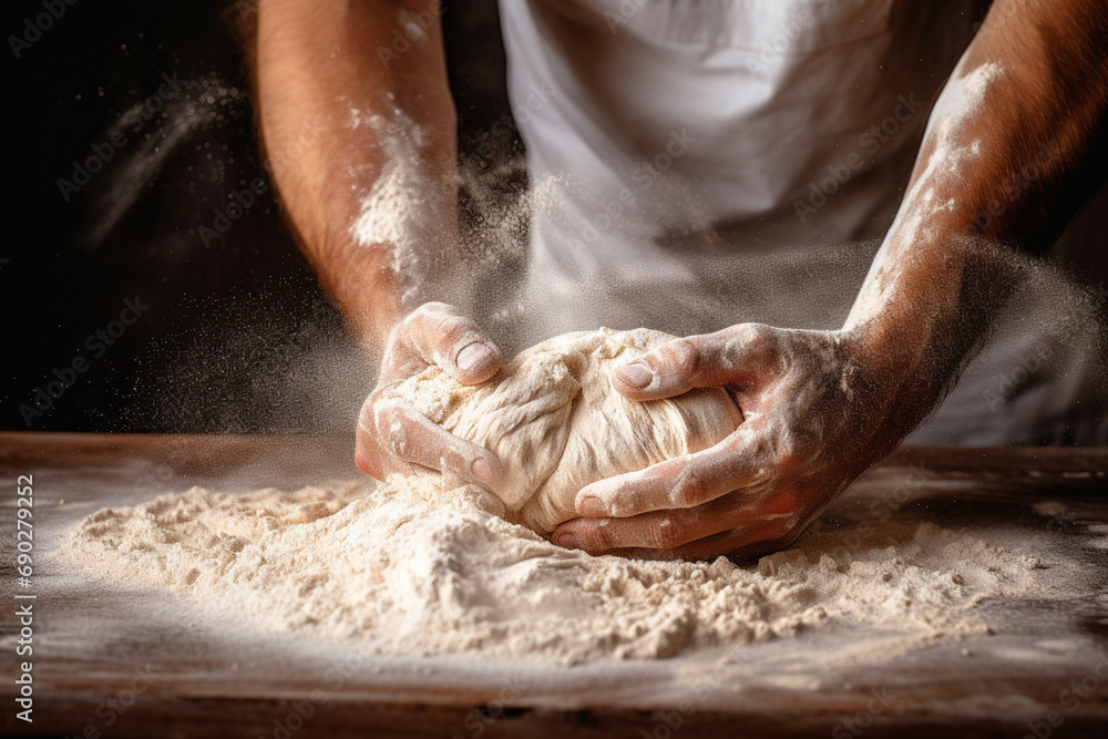 flour and men hands with flour splash. Cooking bread. Kneading the Dough