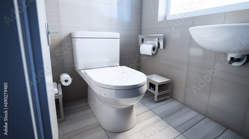 A contemporary bathroom with a white toilet and a gray wall