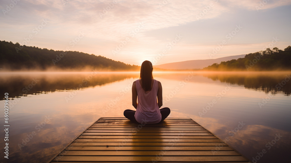 Young woman in serene meditation pose on wooden pier overlooking calm lake at sunrise, Capture peaceful ambiance and soft morning light, AI Generated
