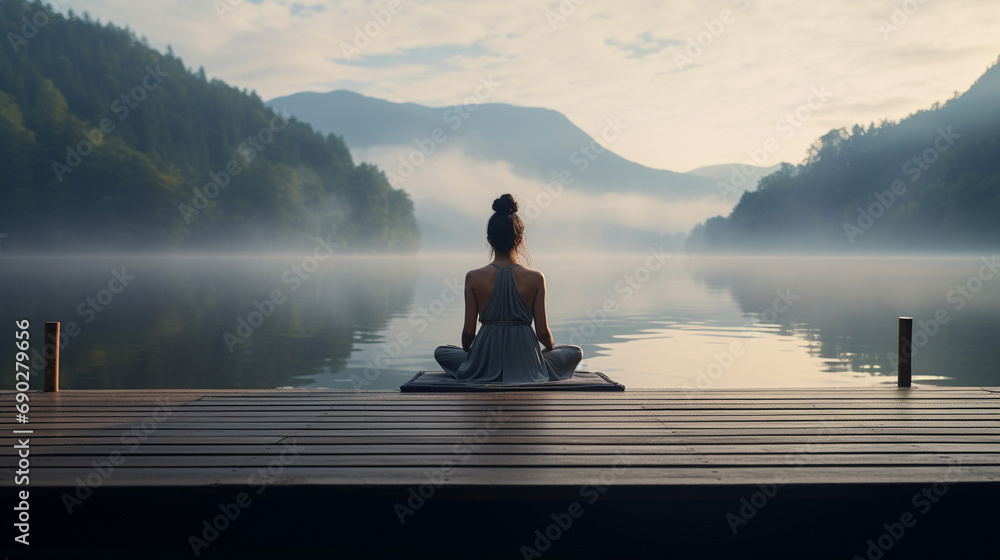 Young woman in serene meditation pose on wooden pier overlooking calm lake at sunrise, Capture peaceful ambiance and soft morning light, AI Generated - obrazy, fototapety, plakaty 