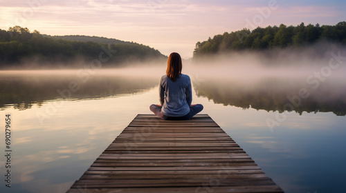 Young woman in serene meditation pose on wooden pier overlooking calm lake at sunrise, Capture peaceful ambiance and soft morning light, AI Generated © Shining Pro