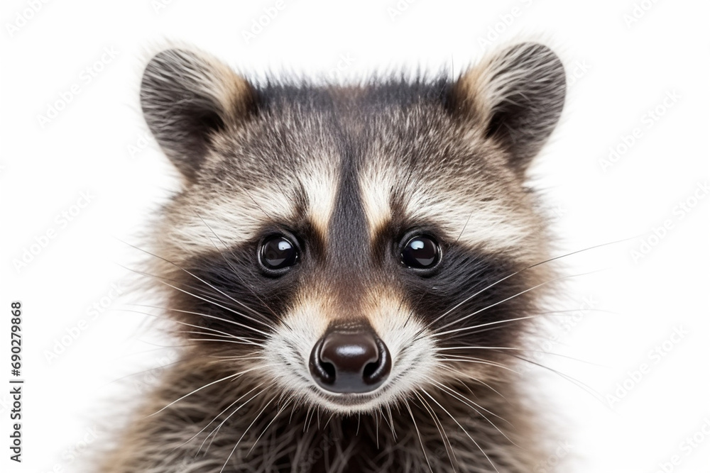 Cute funny raccoon, closeup, isolated on a white background