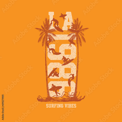 Los Angeles surfing vibes typography summer beach palm tree surfer graphic design