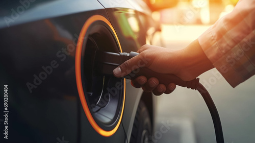 copy space, stockphoto, close up of a hand putting electic charging socket in an electrical car. Environment friendly energy. Zero emission. Ecological energy and transport. Charging an electrical car