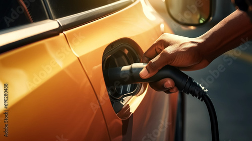 copy space, stockphoto, close up of a hand putting electic charging socket in an electrical car. Environment friendly energy. Zero emission. Ecological energy and transport. Charging an electrical car