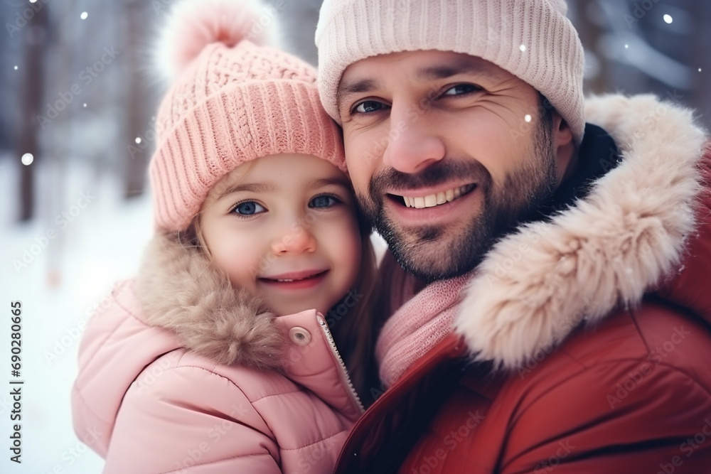 Father and baby daughter on Winter Vacation in park. Happy, joyful family