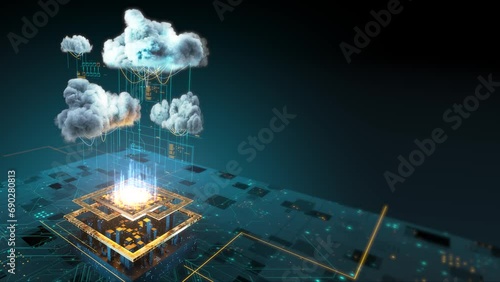 Cloud computing and network security concept, 3d rendering. Smart city wireless internet communication with cloud storage, and cloud services. Download, upload data on the server. Technology. (ID: 690280813)