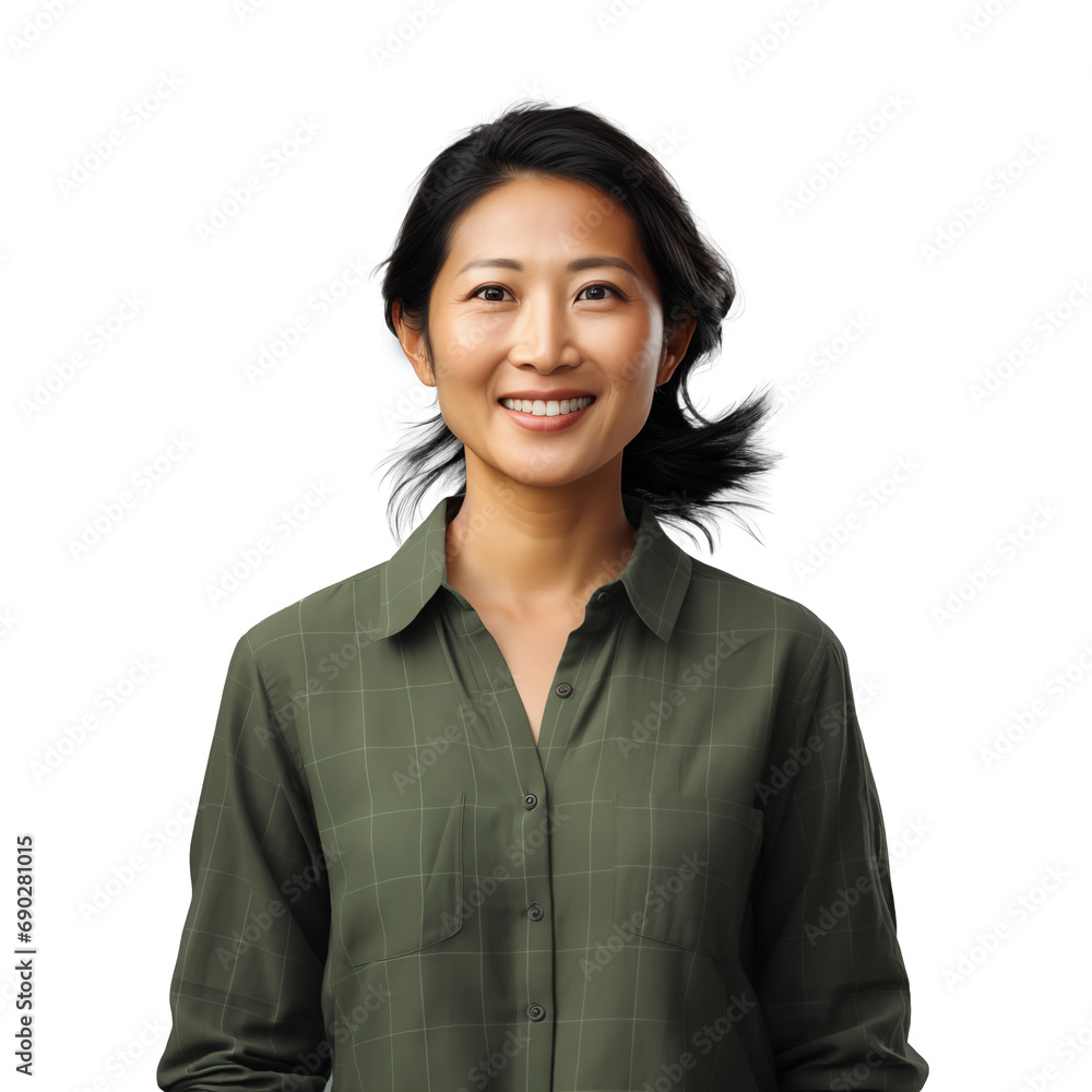 Asian woman smiling in green outfit, cut out - stock png.
