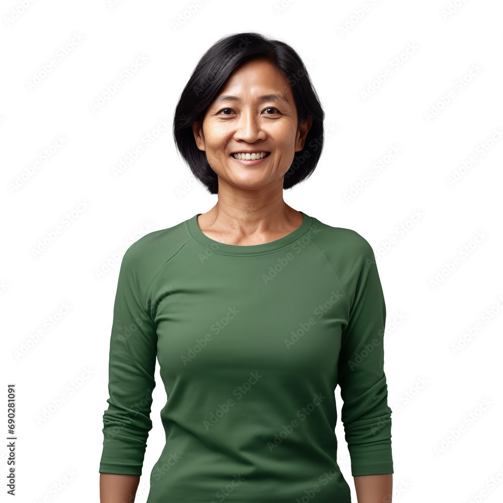 Asian woman smiling in green outfit, cut out - stock png. Asian woman smiling in green outfit, cut out - stock png.
