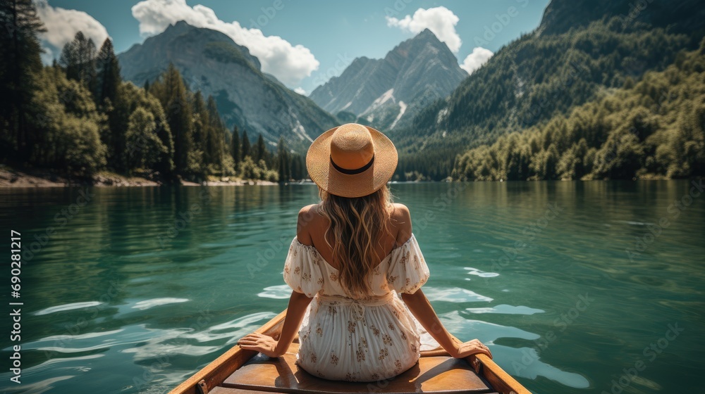Women wear casual boho hats and clothes. Sit in a boat on the lake with a spectacular mountain and river view. travel concept - obrazy, fototapety, plakaty 
