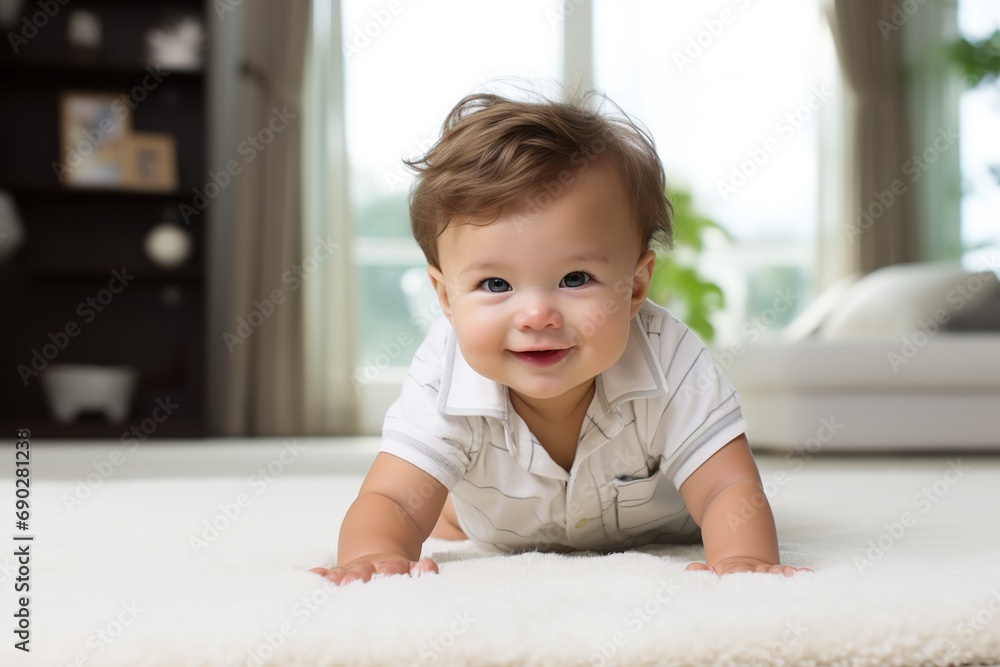 baby crawling on a carpeted floor in a living room, clear facial features, happy mood, natural light baby crawling on a carpeted floor in a living room, clear facial features, happy mood, natural light