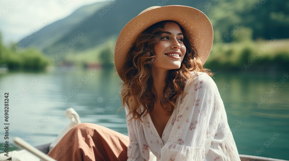 Women wear casual bohemian hats and clothes. Smile happily on a boat ride on the lake with beautiful mountain and river views. travel concept