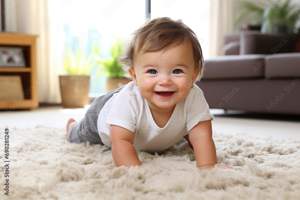 baby crawling on a carpeted floor in a living room, clear facial features, happy mood, natural light baby crawling on a carpeted floor in a living room, clear facial features, happy mood, natural light