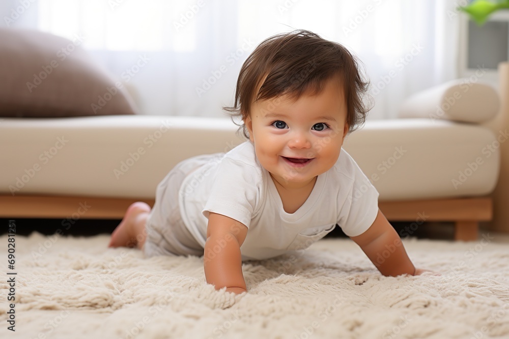 baby crawling on a carpeted floor in a living room, clear facial features, happy mood, natural light baby crawling on a carpeted floor in a living room, clear facial features, happy mood, natural light
