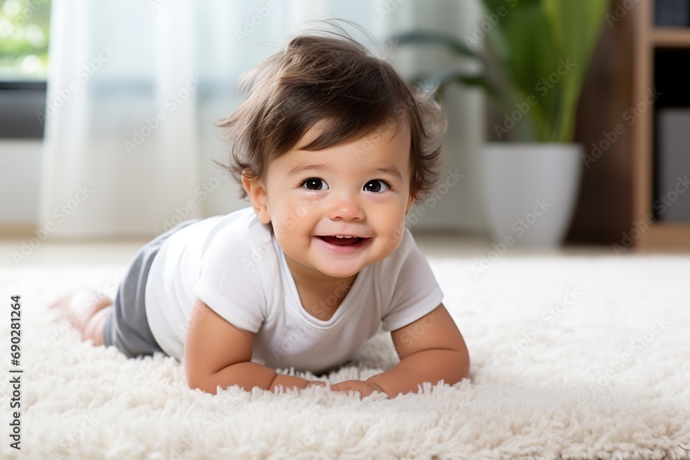 baby crawling on a carpeted floor in a living room, clear facial features, happy mood, natural light baby crawling on a carpeted floor in a living room, clear facial features, happy mood, natural light