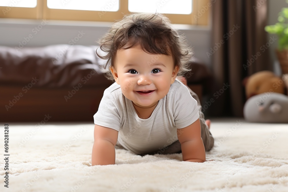 baby crawling on a carpeted floor in a living room, clear facial features, happy mood, natural light baby crawling on a carpeted floor in a living room, clear facial features, happy mood, natural light