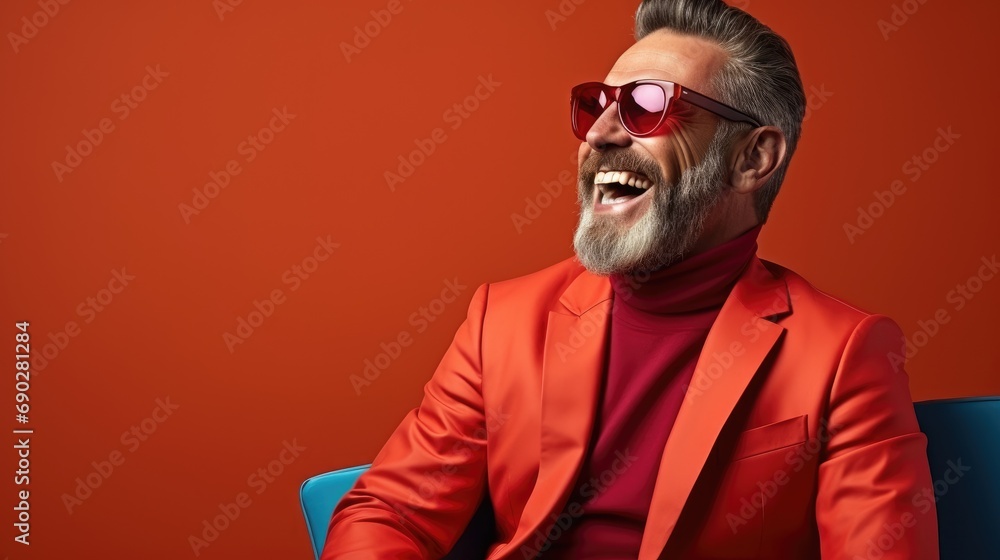Obraz premium Happy middle aged man in red suit Wear sunglasses and extravagant style. Laugh and smile happily.