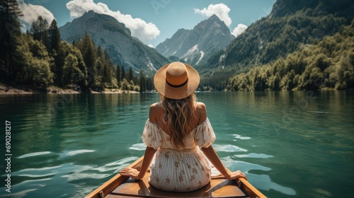 Women wear casual boho hats and clothes. Sit in a boat on the lake with a spectacular mountain and river view. travel concept photo