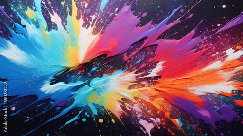 Colorful explosion of paint splatters, dramatic striking abstract background. Multilayered surfaces.