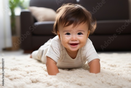 baby crawling on a carpeted floor in a living room, clear facial features, happy mood, natural light