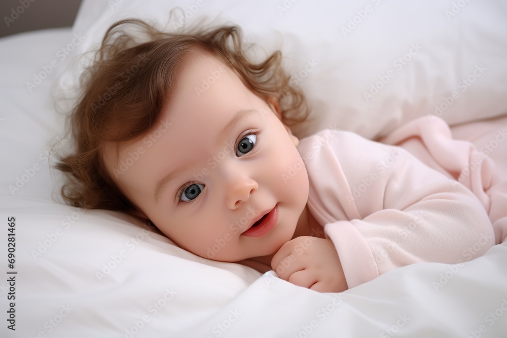 5-month-old baby laying down in bed, baby putting thumb in her mouth, baby self-soothing, bedroom background, clear facial features 5-month-old baby laying down in bed, baby putting thumb in her mouth, baby self-soothing, bedroom background, clear facial features