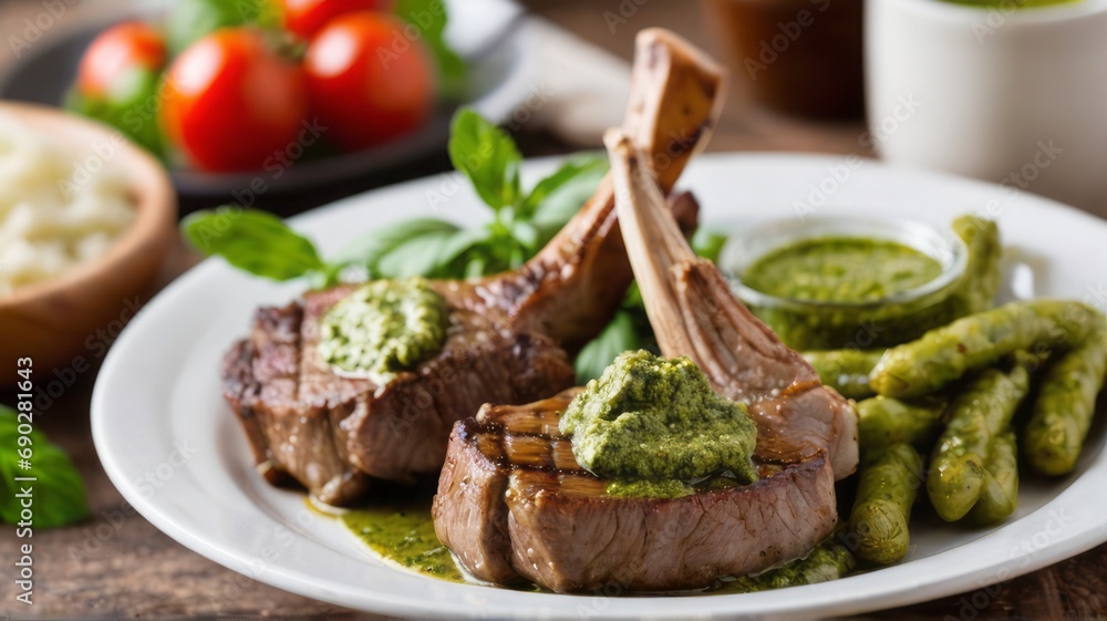 Ribs, lamb chops, steak, blurred background cooked with pesto sauce and herbs on a round white plate. It's a special meal. Cooked with side dishes. Deliciousness and perfect taste